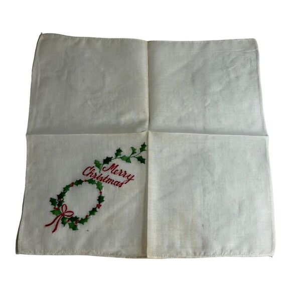 Vintage Christmas Embroidered Hanky  Handkerchief Handmade Holly Wreath Bow READ - Picture 1 of 5